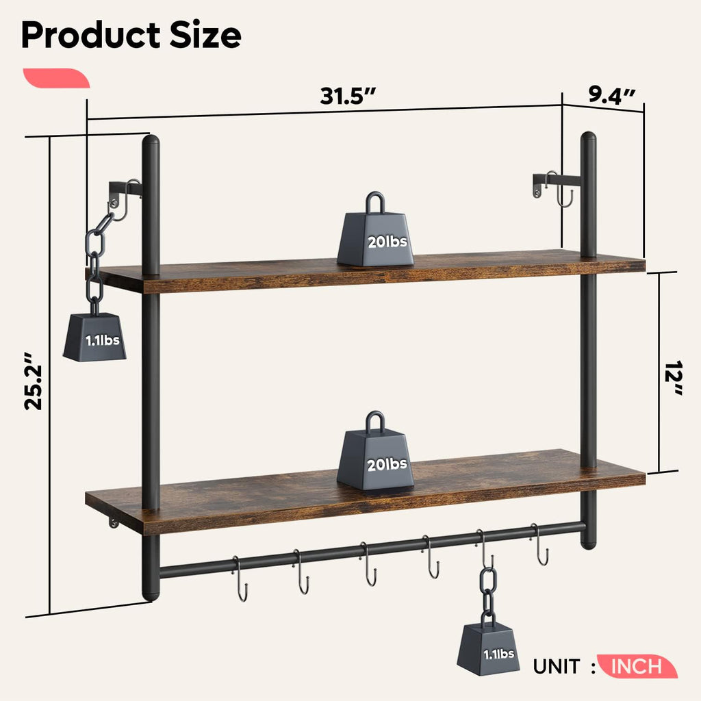 31" Rustic Brown Industrial Pipe Wall Shelf
