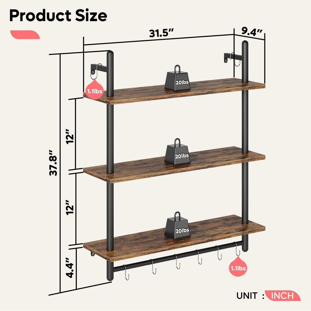 3 Tier Industrial Wall Pipe Shelves