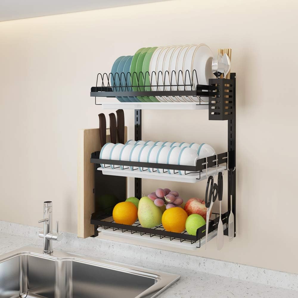 3 Tier Black Wall Dish Drying Rack