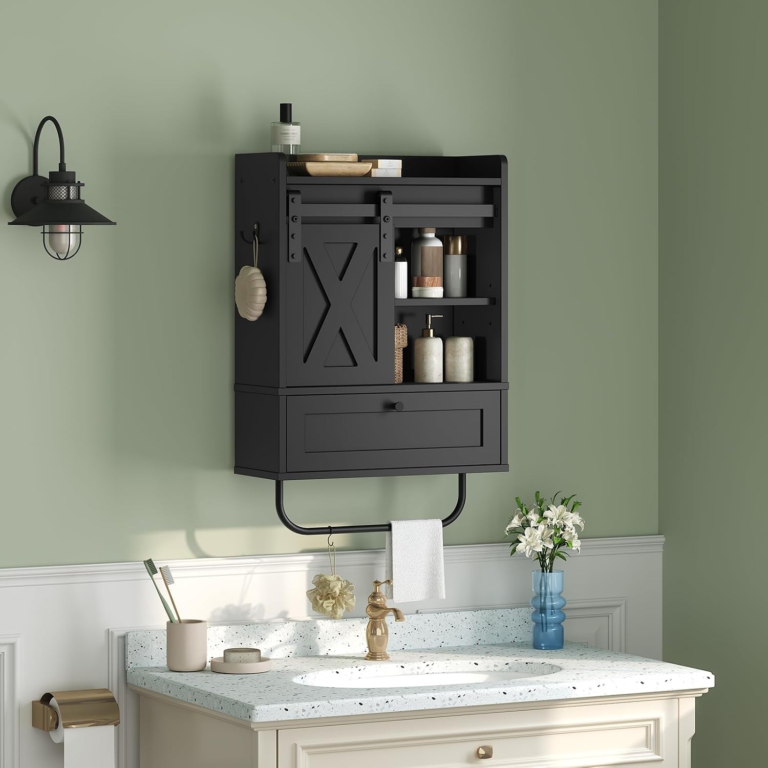 Black Farmhouse Wall Bathroom Cabinet