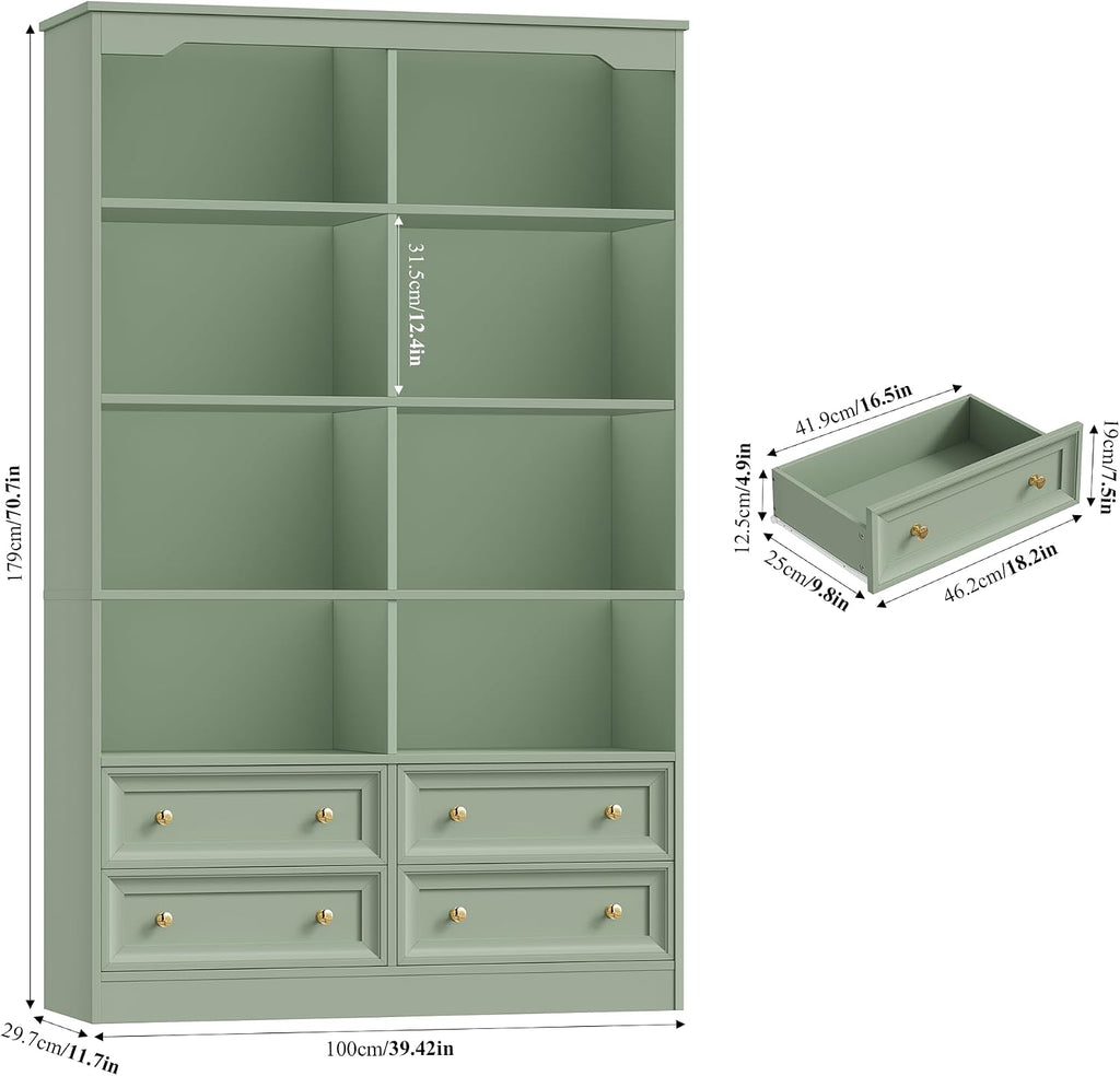Green Double Wide Bookcase with Drawers
