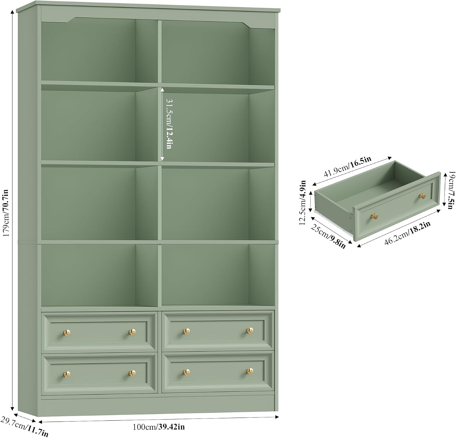 Green Double Wide Bookcase with Drawers