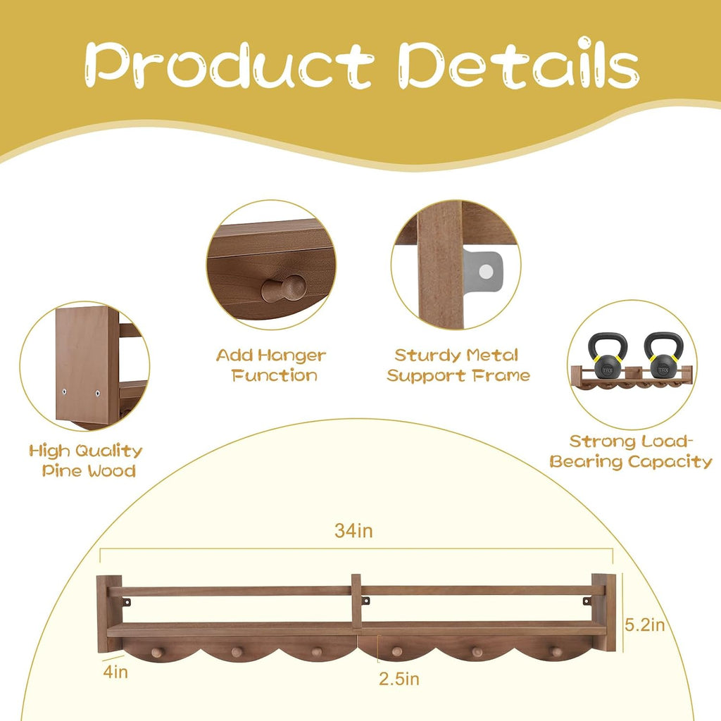34" Light Brown Kids Wall Book Shelf Hooks