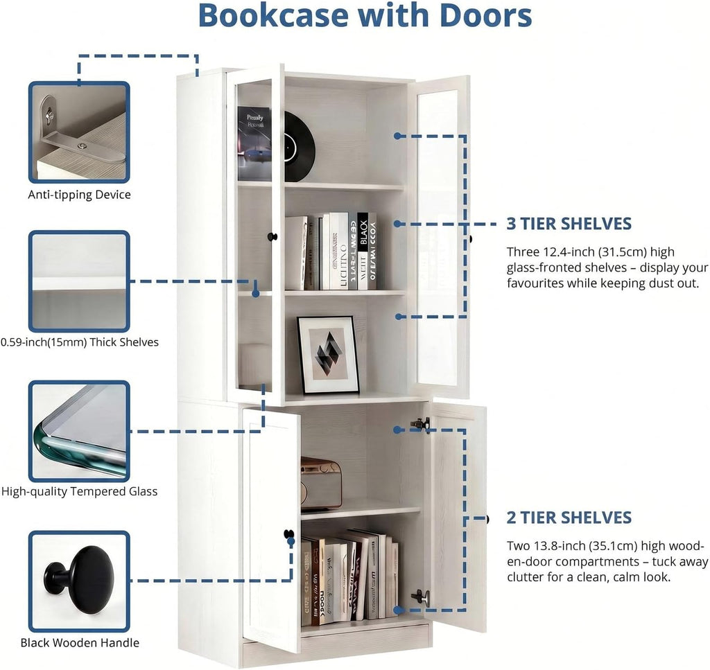 White Glass Bookcase with Storage Drawers