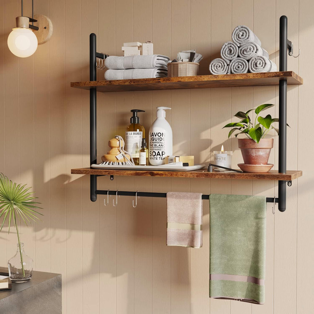 31" Rustic Brown Industrial Pipe Wall Shelf