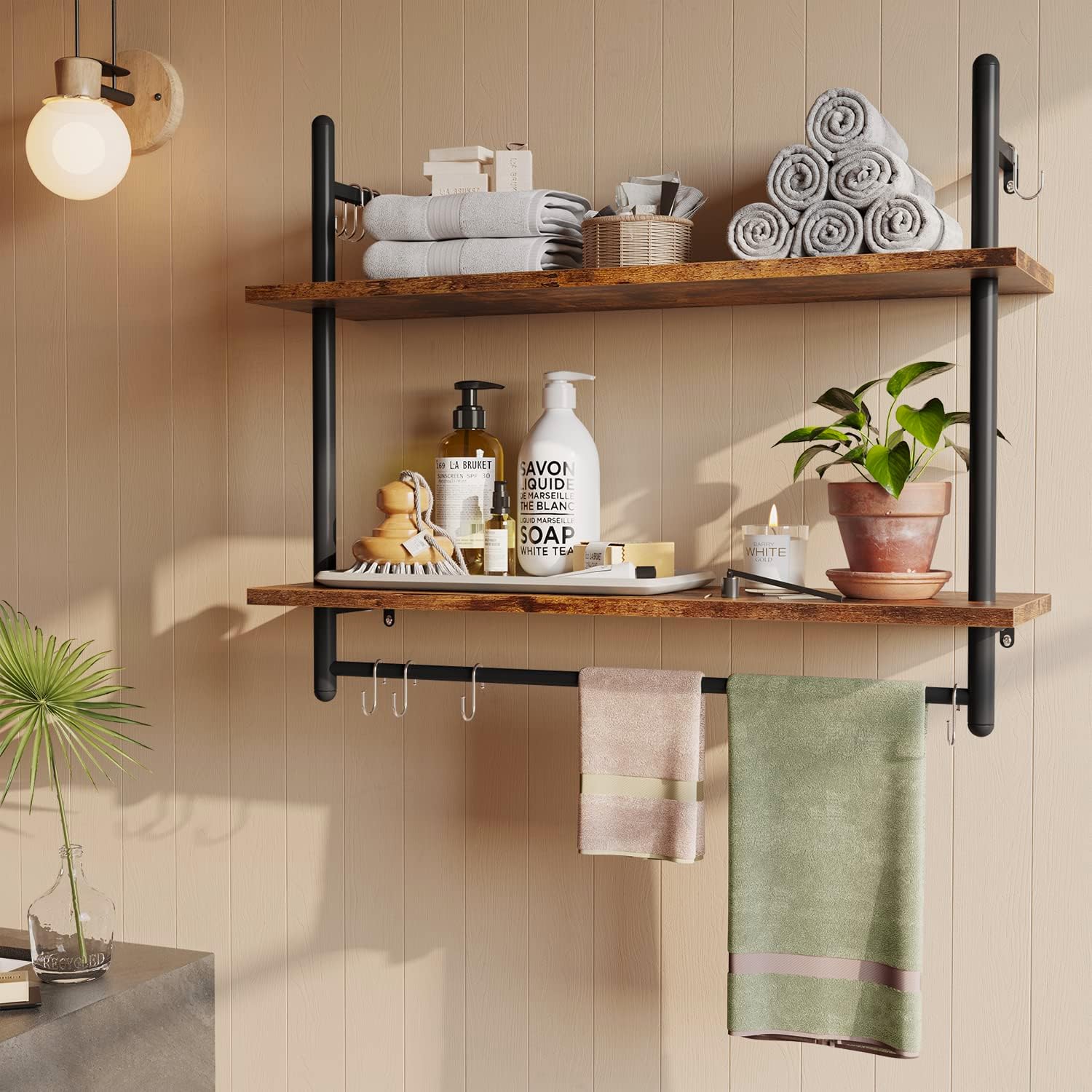 31" Rustic Brown Industrial Pipe Wall Shelf