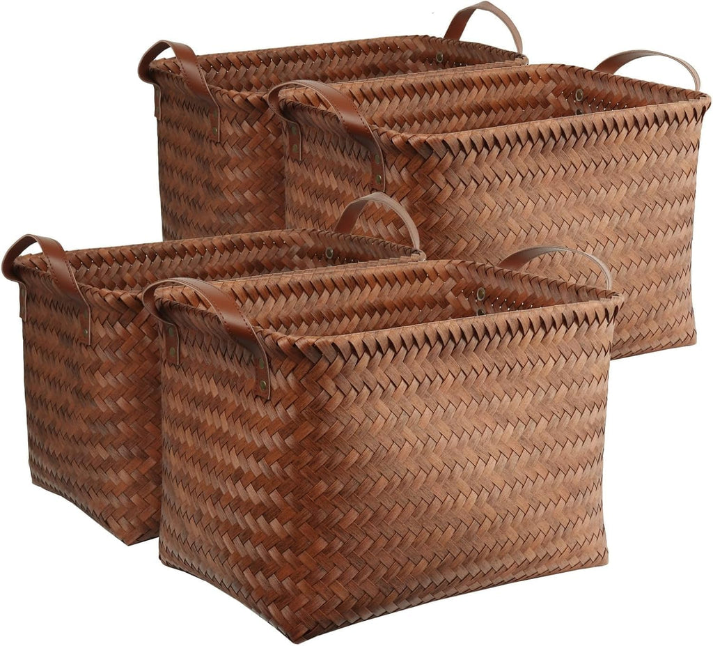 4 Pack Large Brown Wicker Laundry Storage Baskets