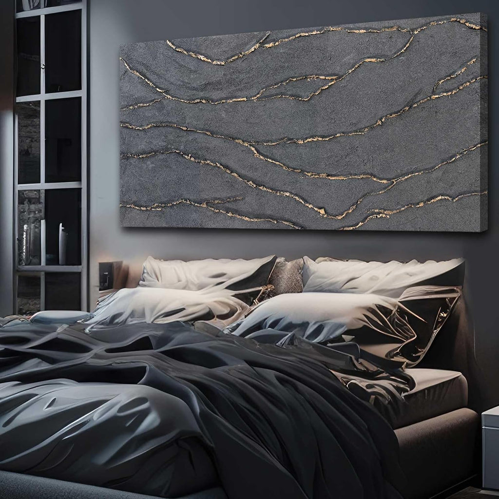 Hand Painted Gold Grey Textured Abstract Canvas Wall Art 29x58 Inch