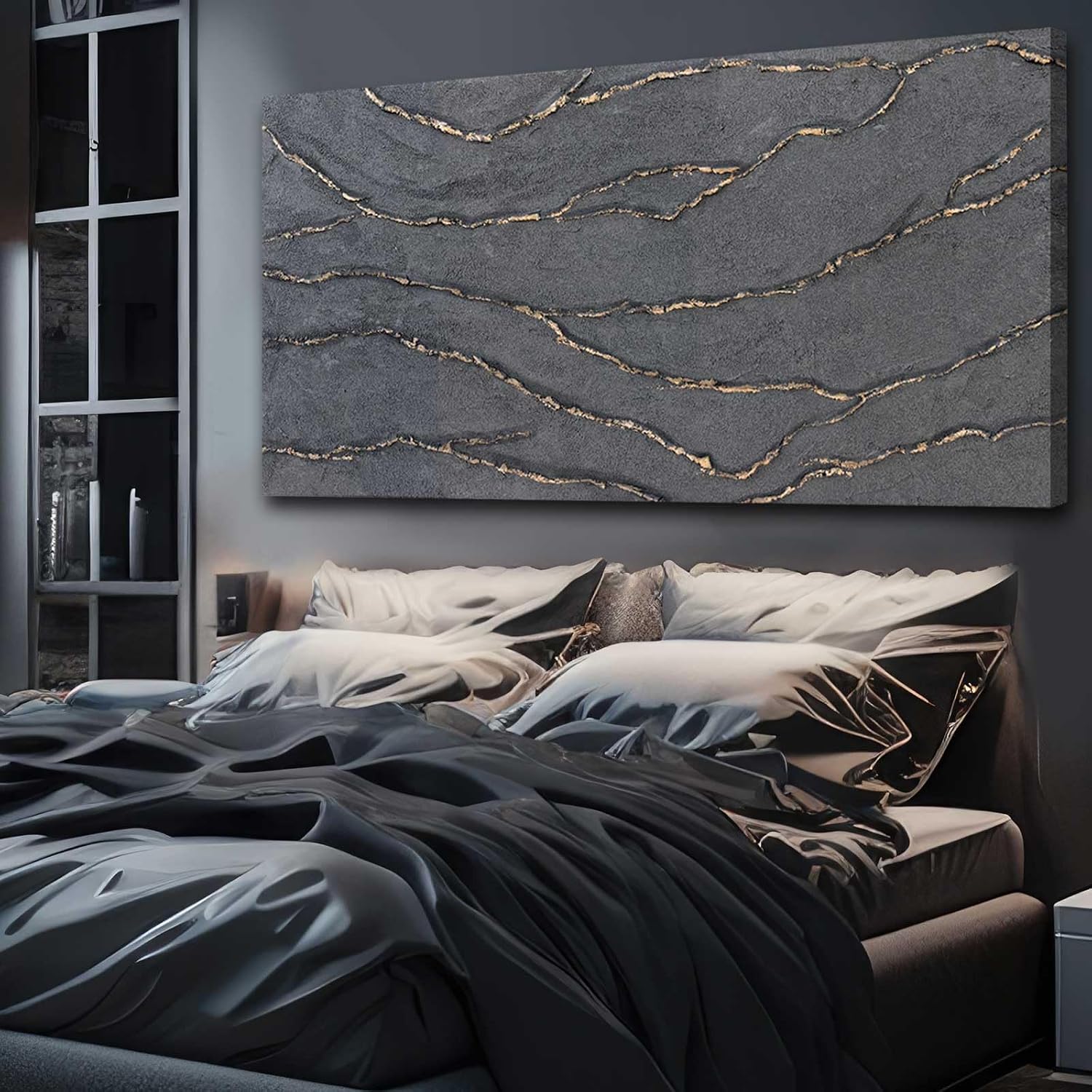 Hand Painted Gold Grey Textured Abstract Canvas Wall Art 29x58 Inch