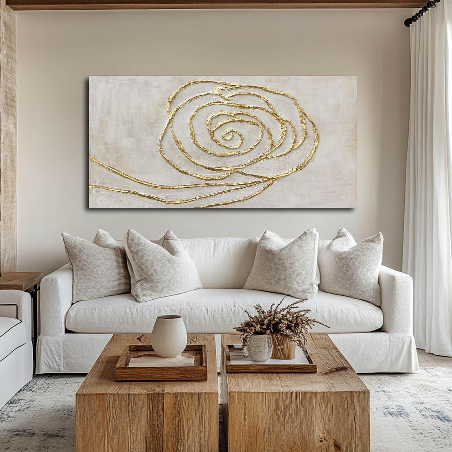 Beige Gold Textured Line Wall Art 24"x48"