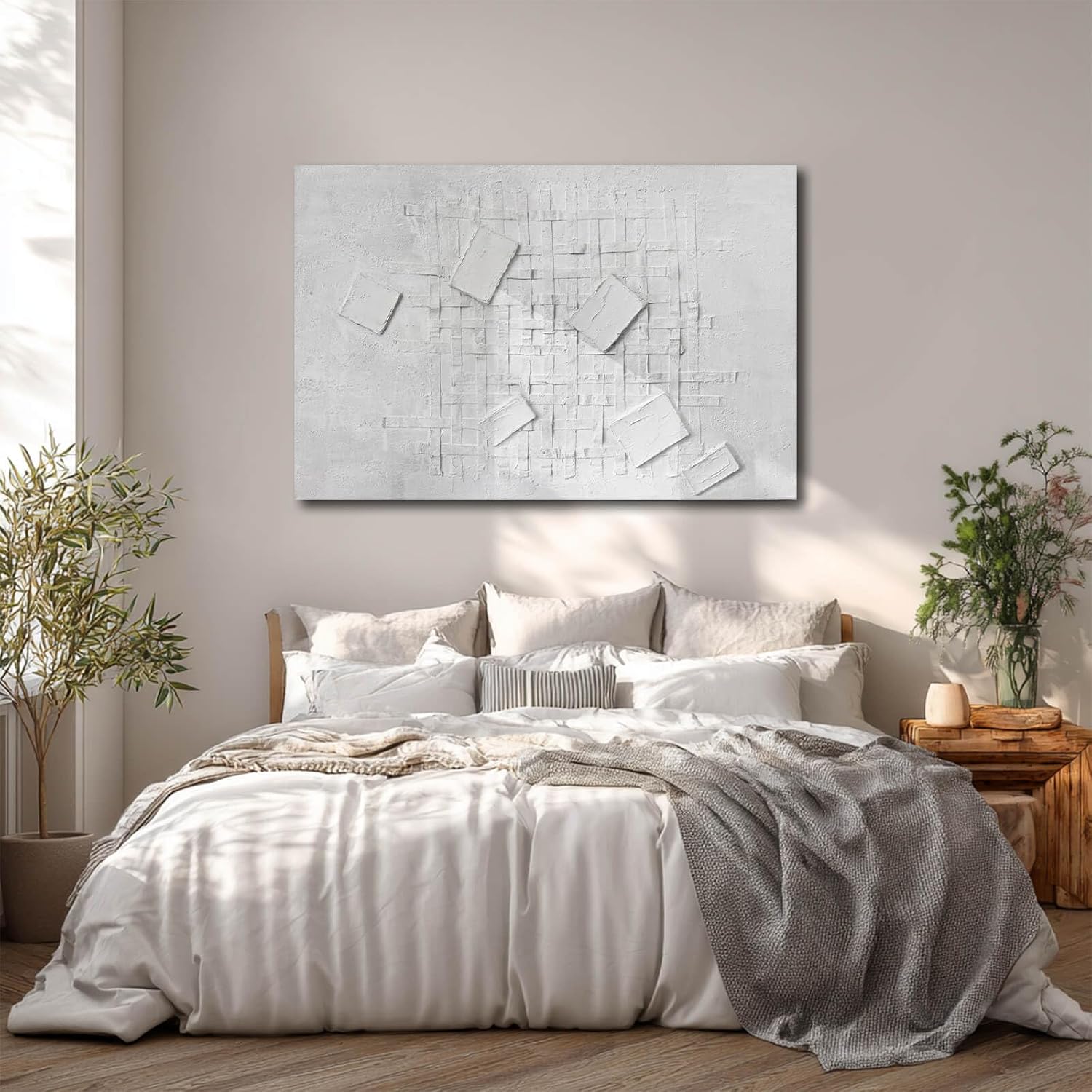 Large Neutral White Framed Abstract Wall Art 32x48 Inch