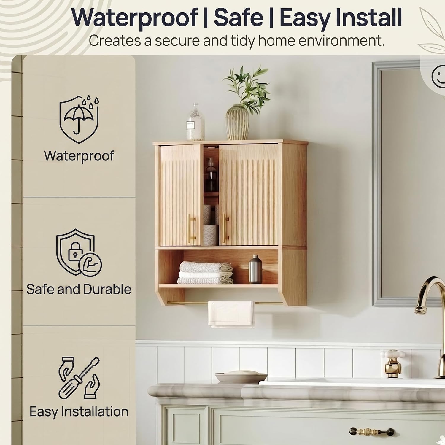 Natural Fluted Narrow Bathroom Cabinet