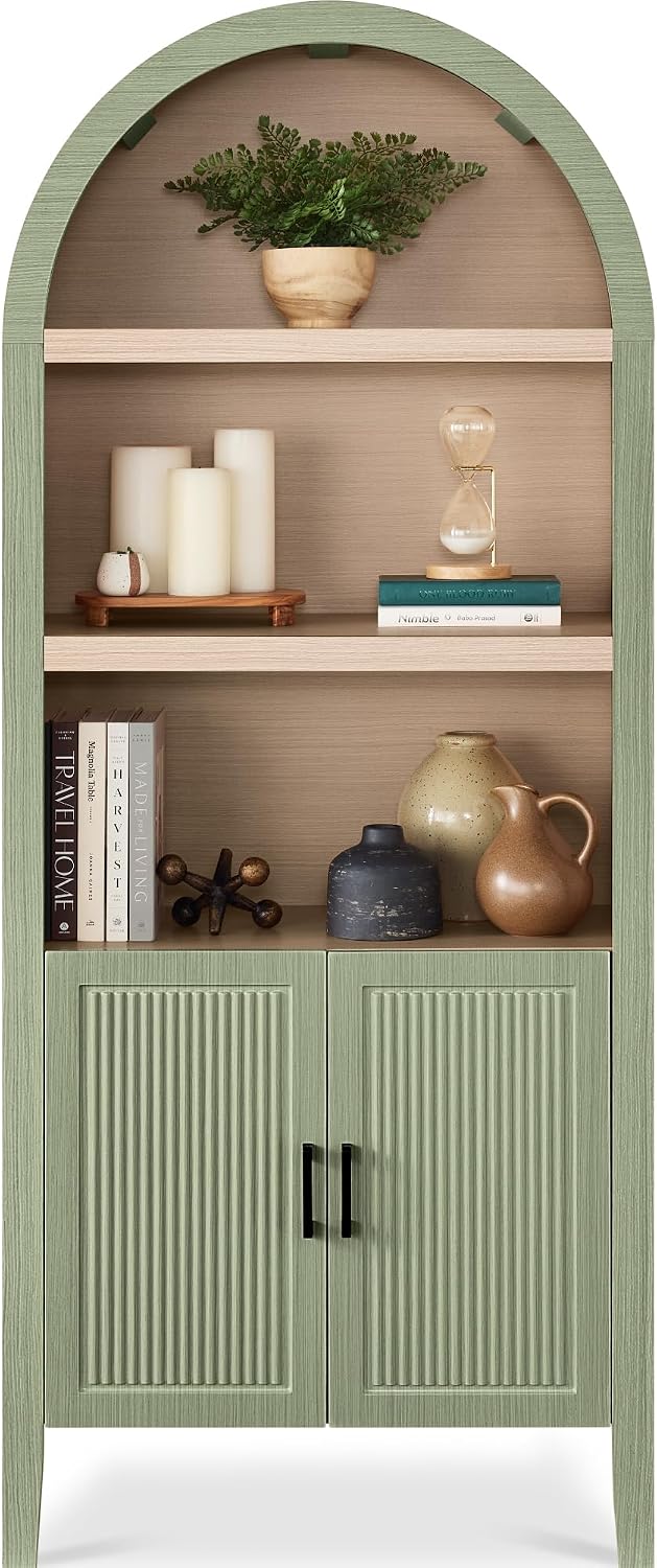 Sage Reeded Arched Storage Pantry Cabinet