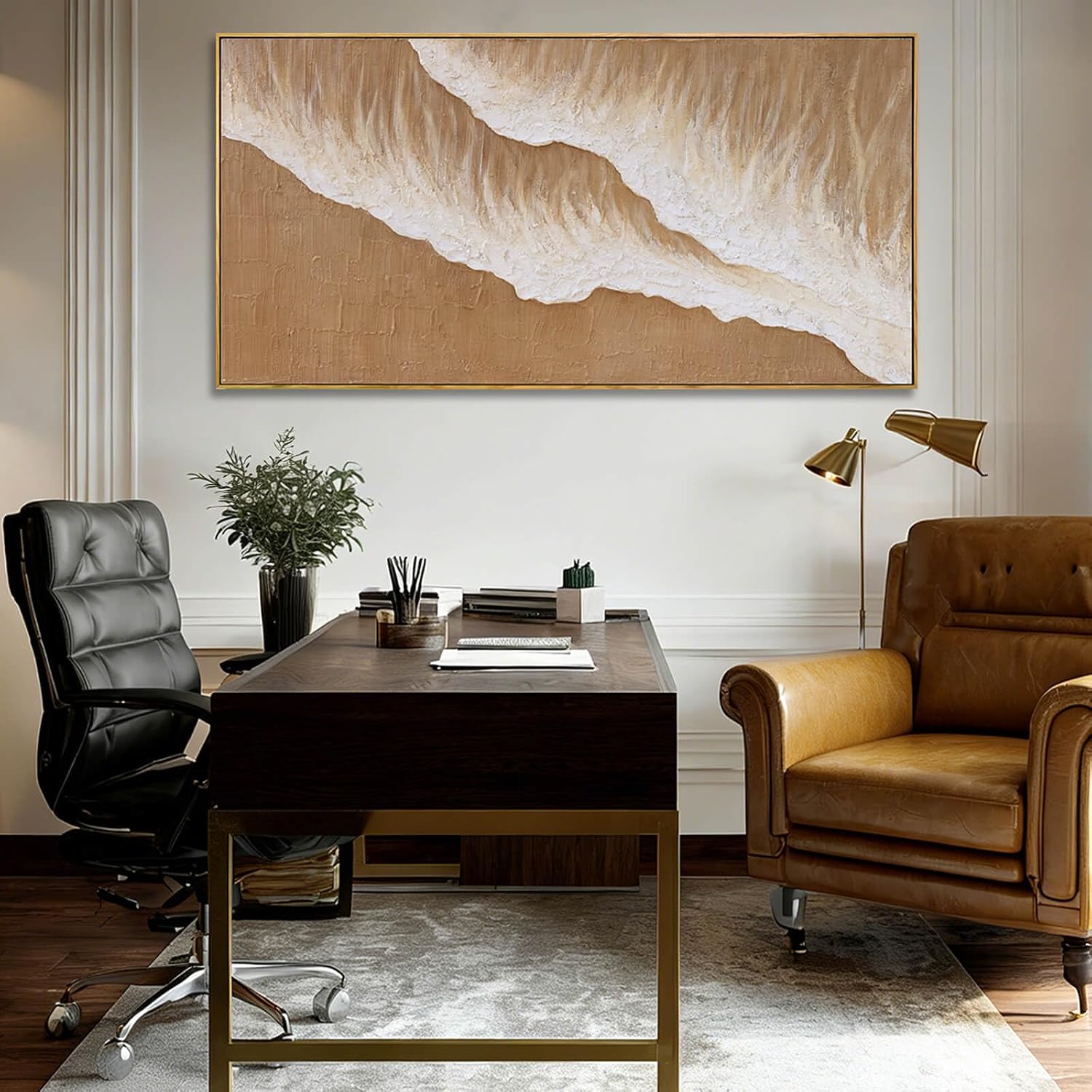 Beige Textured Framed Canvas Wall Art 24x48  Inch