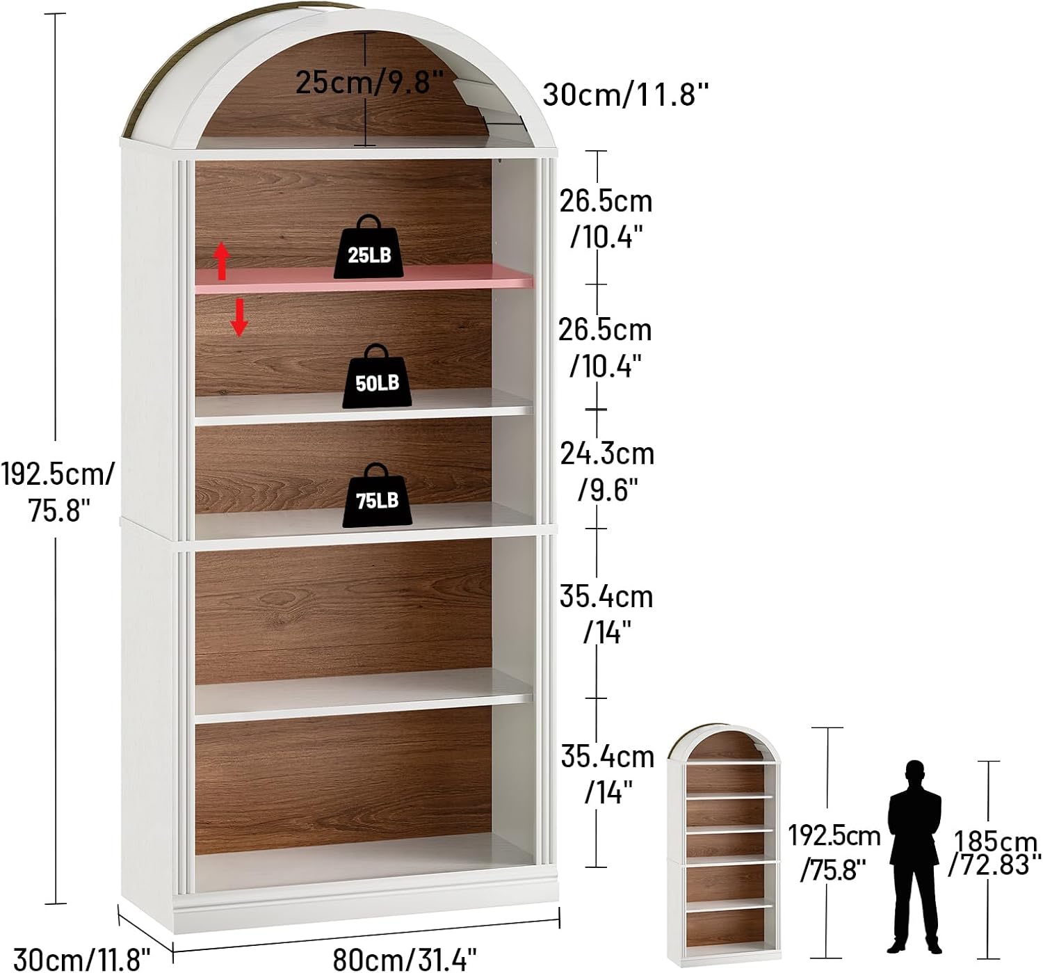 Walnut White Farmhouse Arched Bookcase