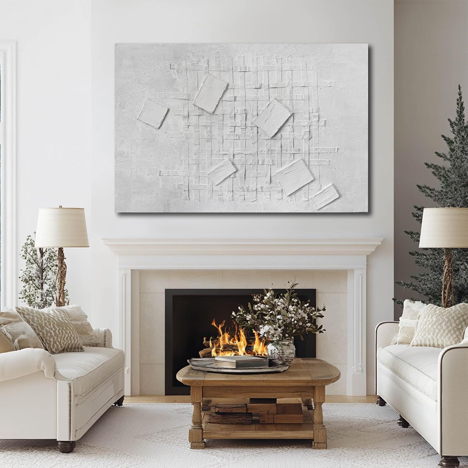 Large Neutral White Framed Abstract Wall Art 32x48 Inch