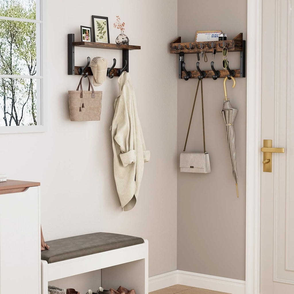35" Rustic Brown Wall Coat Rack Shelf