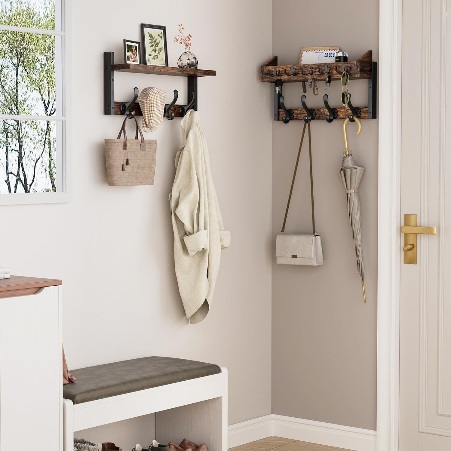 35" Rustic Brown Wall Coat Rack Shelf