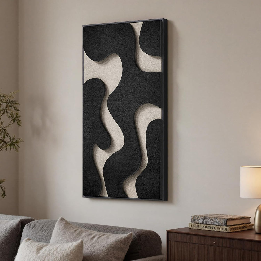 3D Textured Black Beige Vertical Framed Wall Art 20x40 In