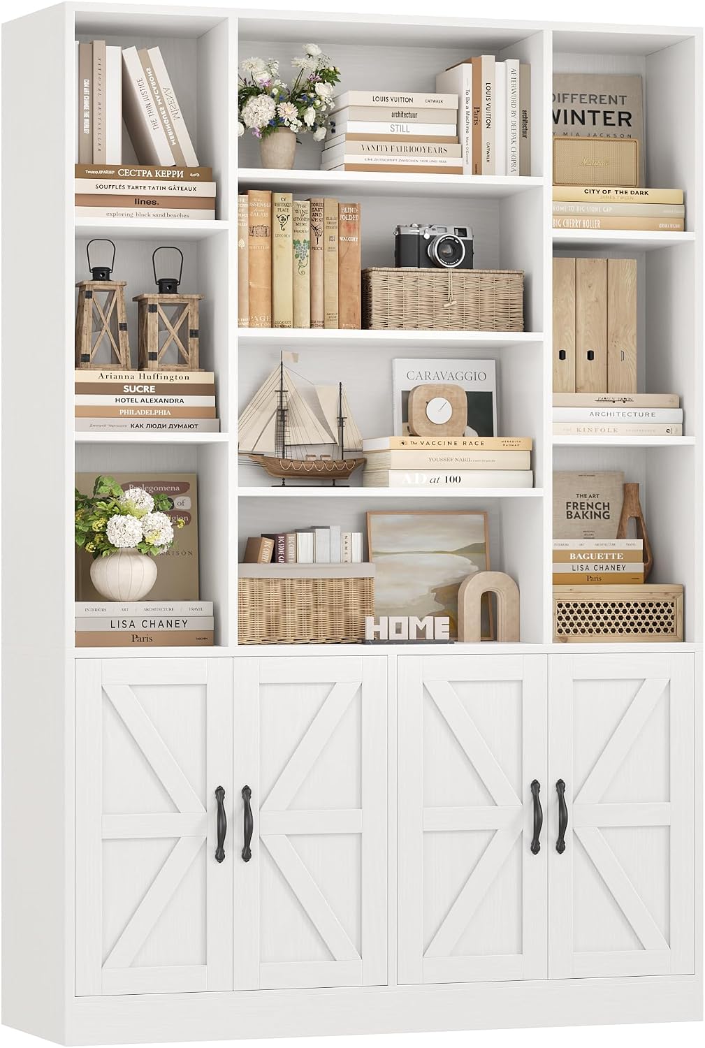 White Wide Farmhouse Bookcase with Doors