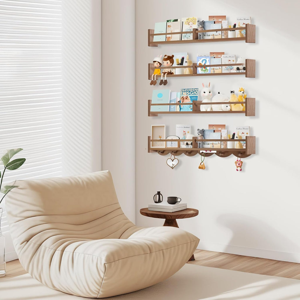 34" Light Brown Kids Wall Book Shelf Hooks