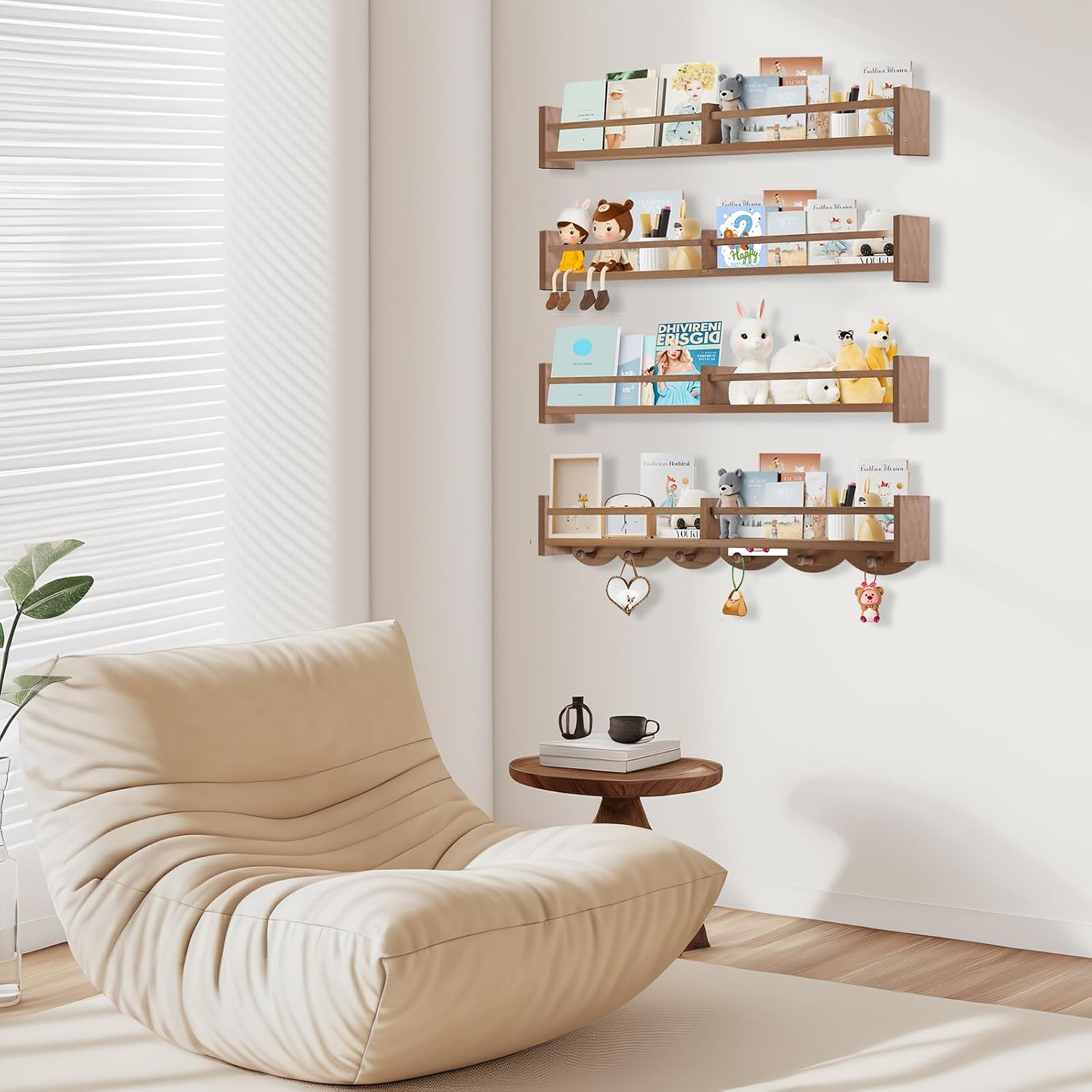 34" Light Brown Kids Wall Book Shelf Hooks