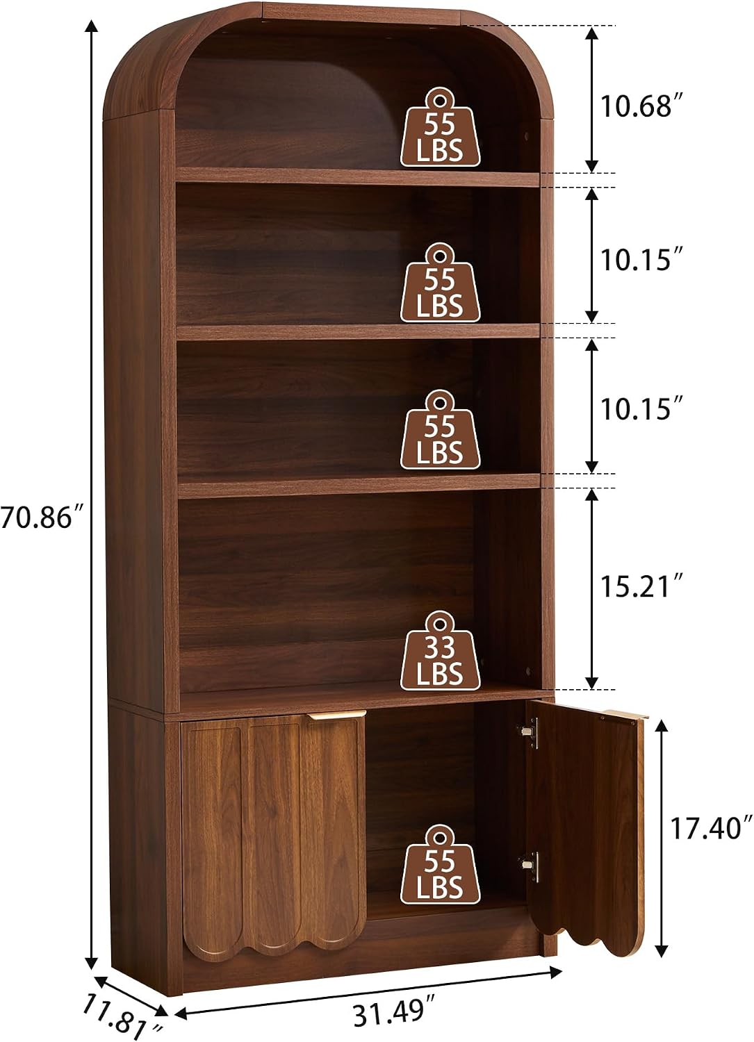 Walnut Arched Bookcase Gold Handle Doors