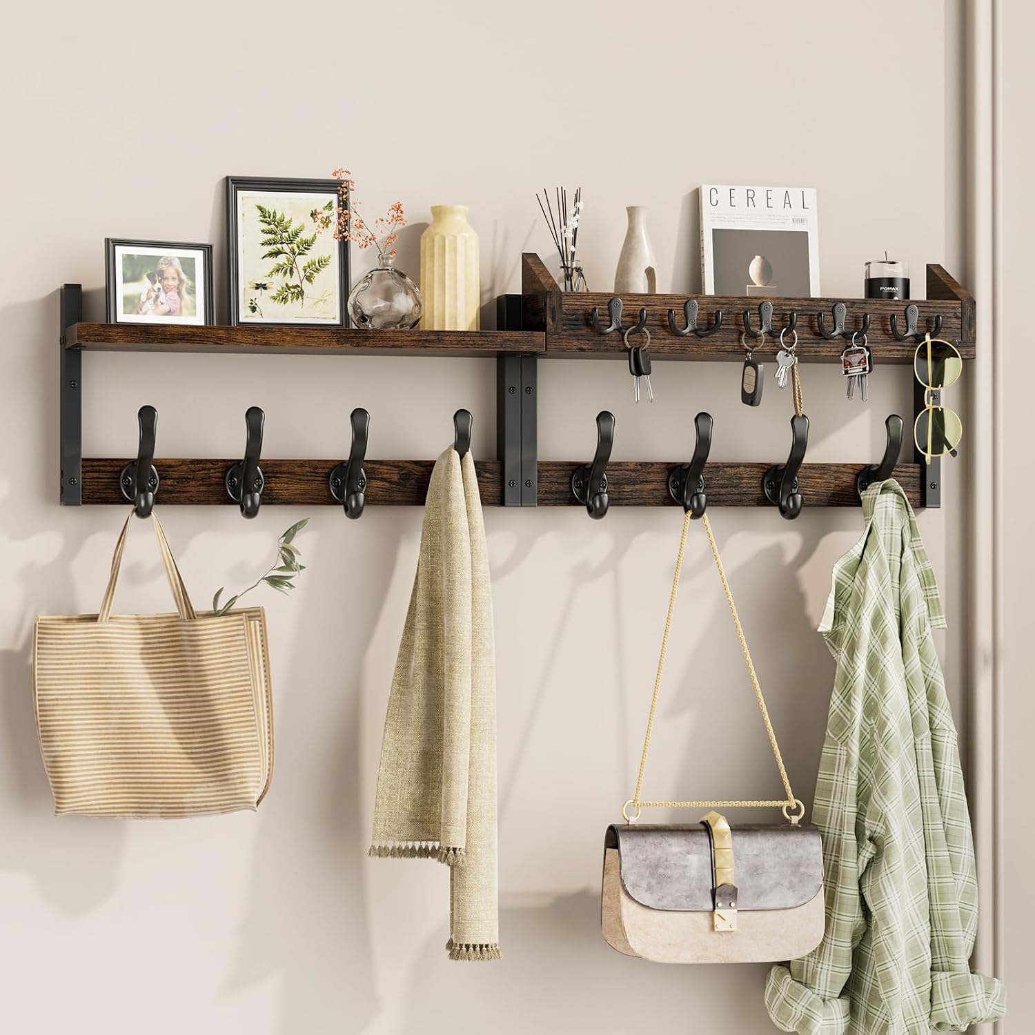 35" Rustic Brown Wall Coat Rack Shelf