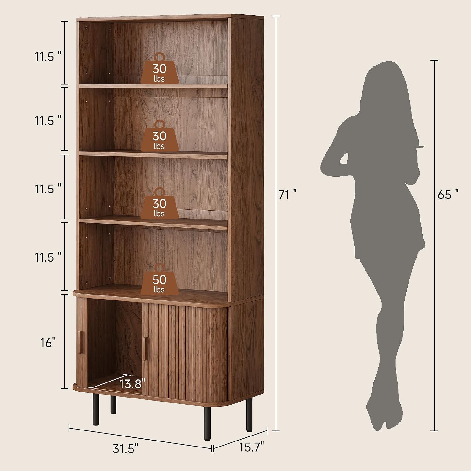 Fluted Walnut Bookcase with Sliding Door