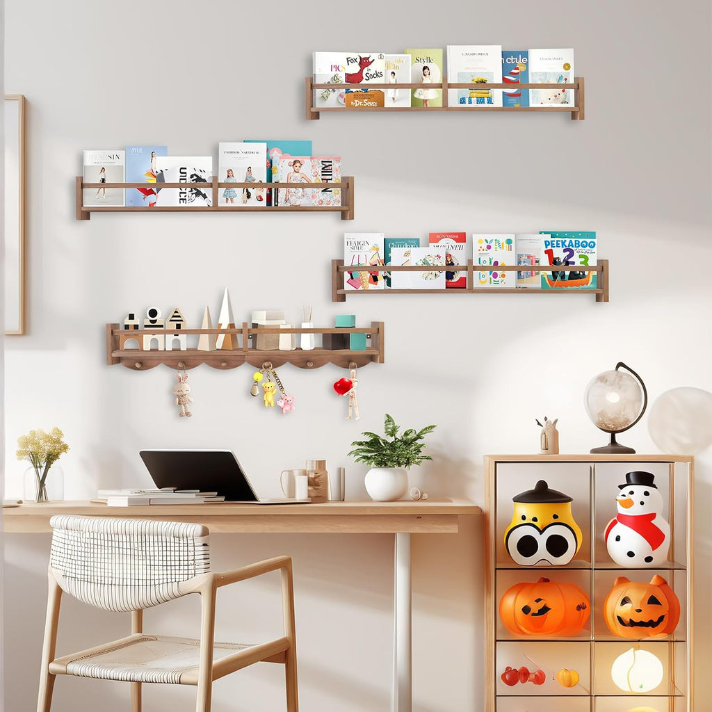 34" Light Brown Kids Wall Book Shelf Hooks