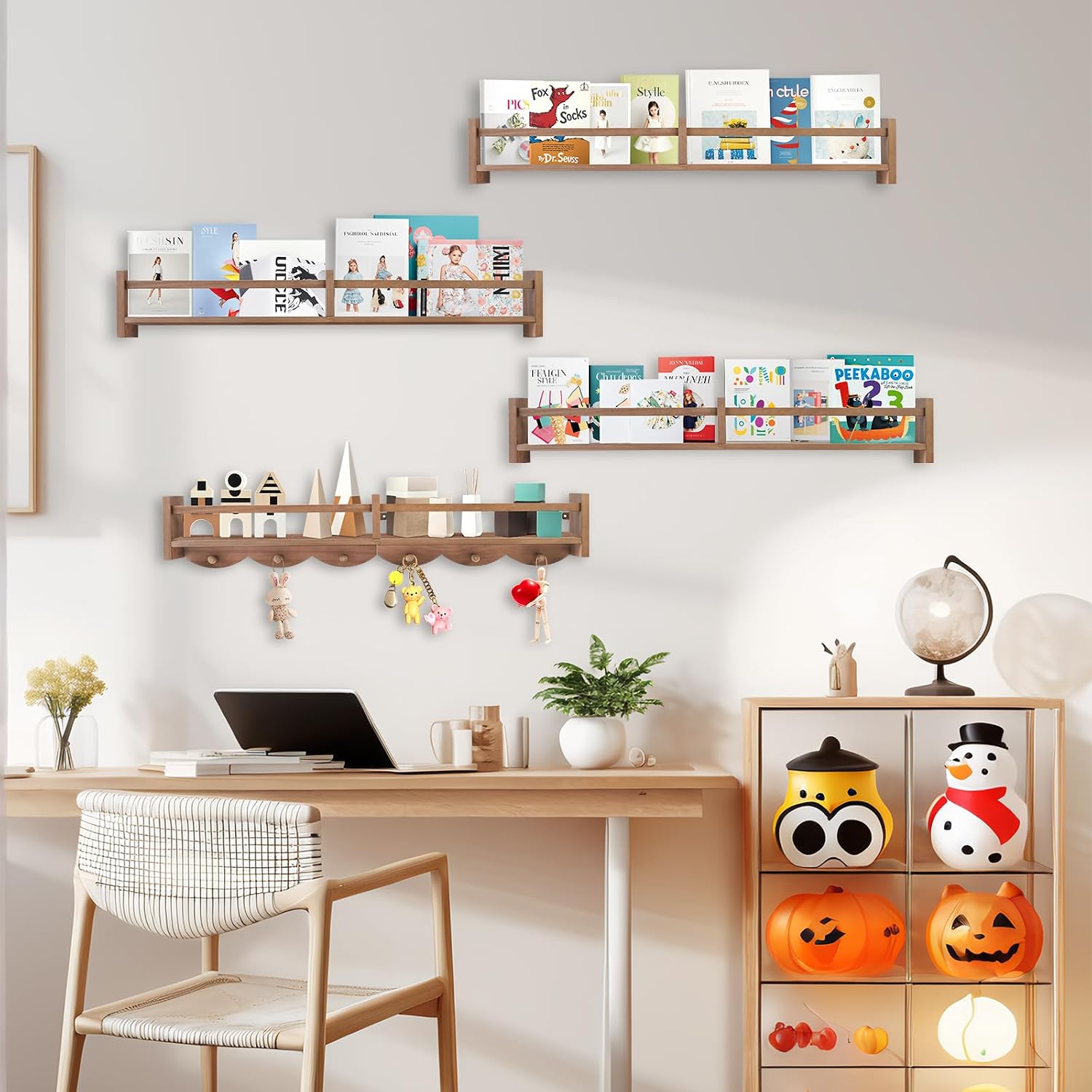 34" Light Brown Kids Wall Book Shelf Hooks