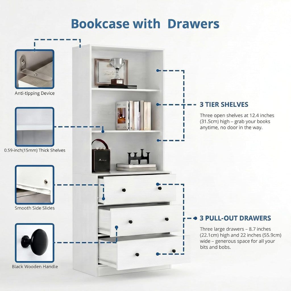 White Glass Bookcase with Storage Drawers
