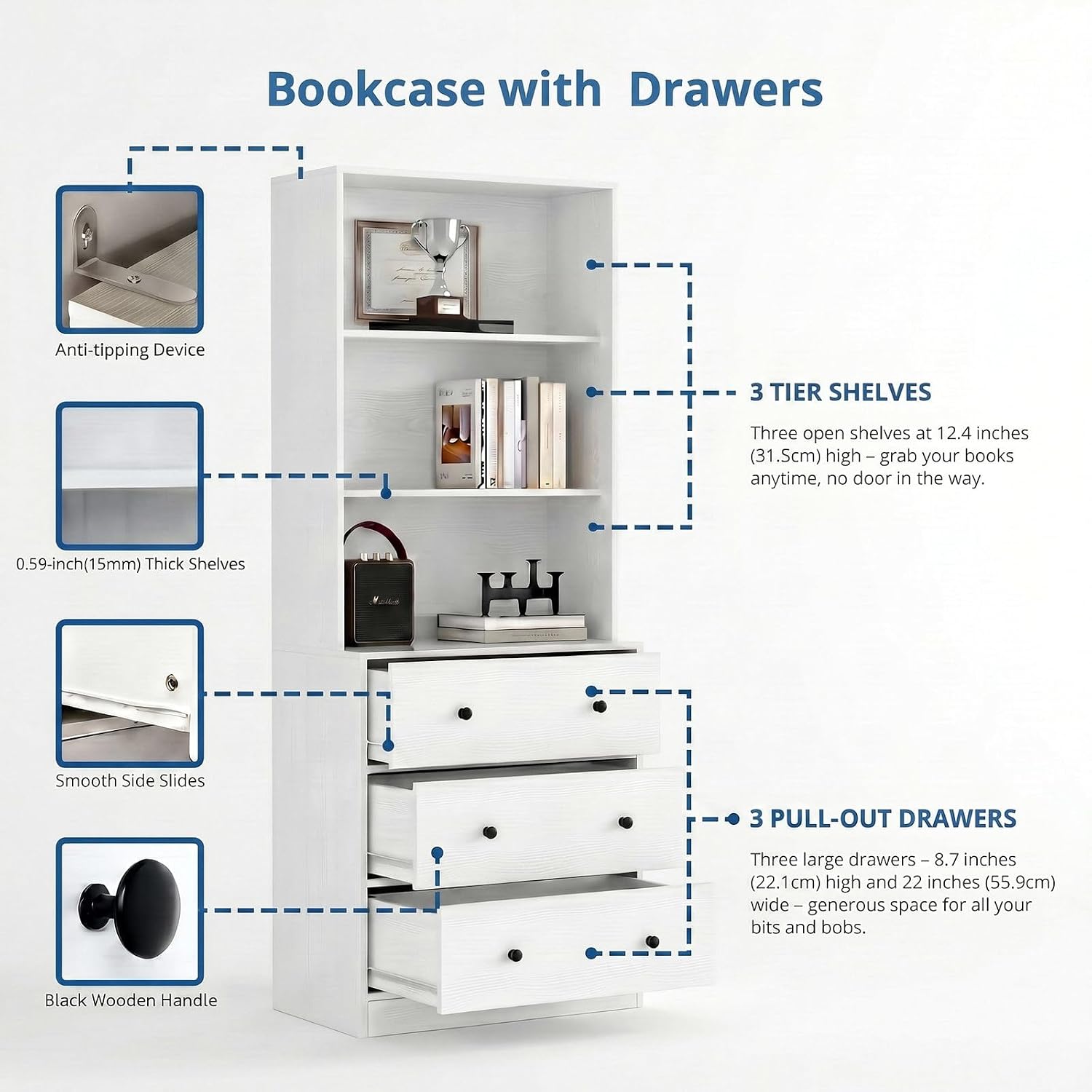 White Glass Bookcase with Storage Drawers