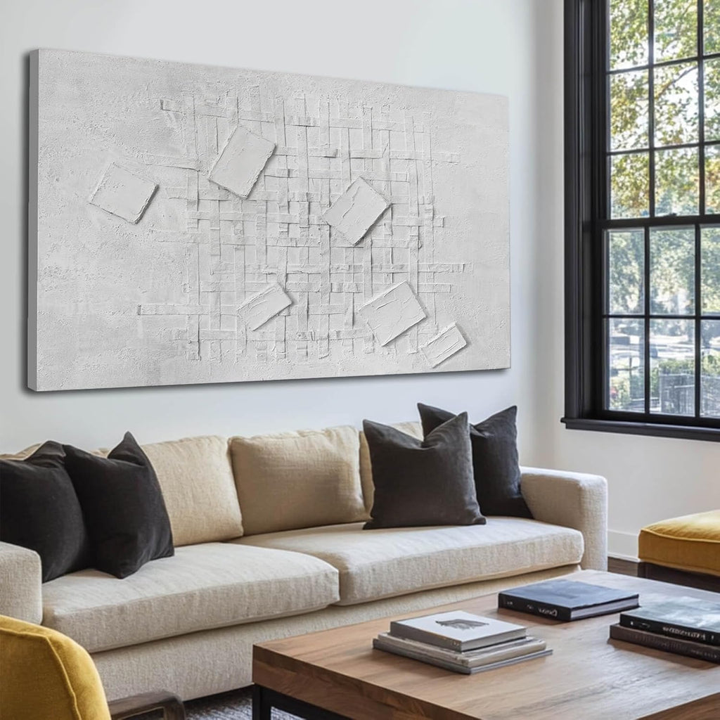 Large Neutral White Framed Abstract Wall Art 32x48 Inch