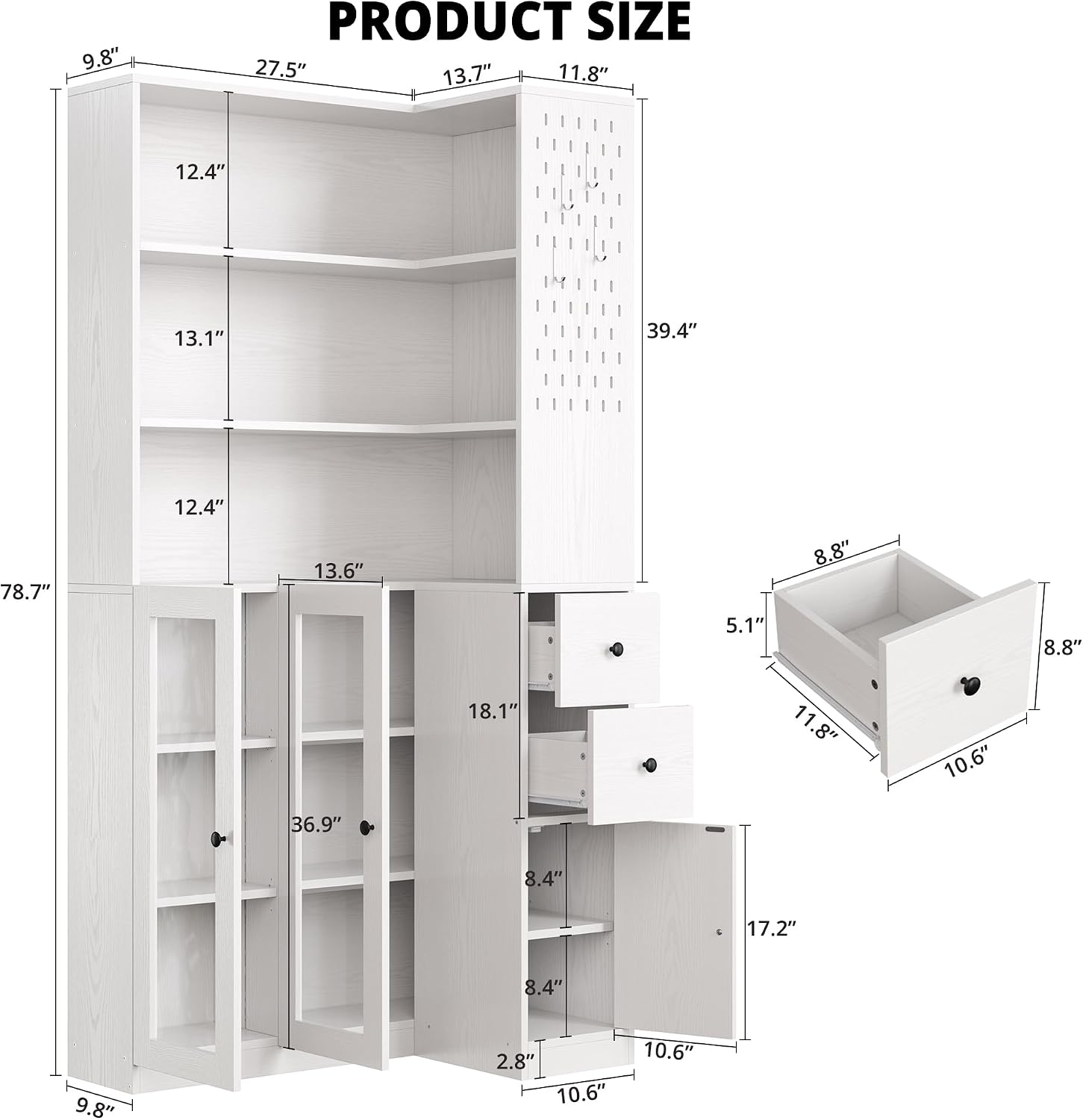 White LED Corner Bookcase with Drawers