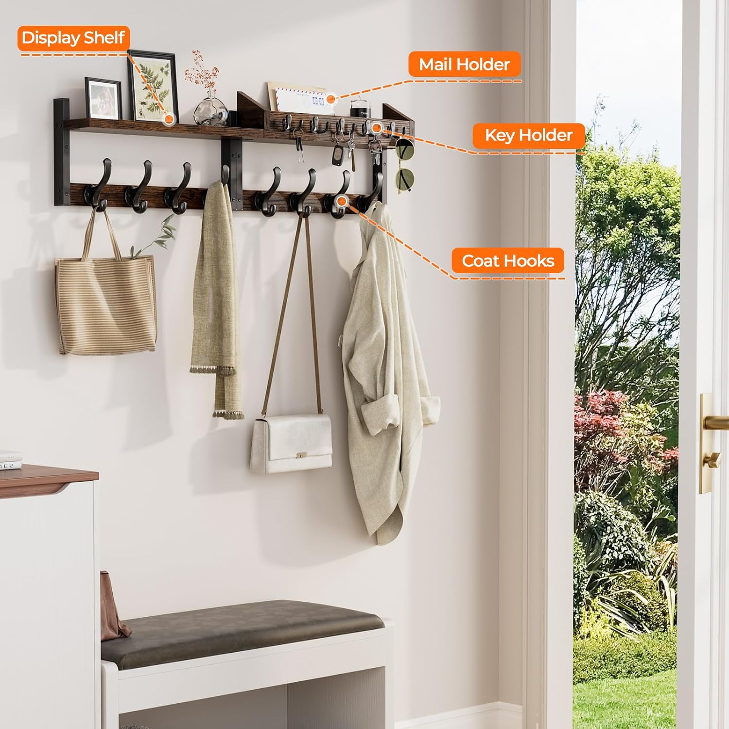 35" Rustic Brown Wall Coat Rack Shelf