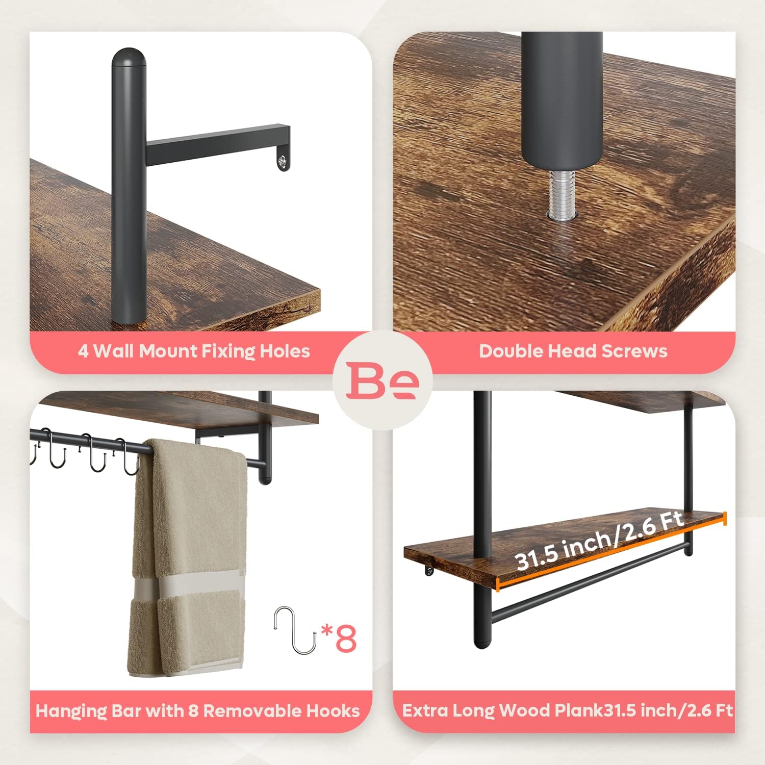 31" Rustic Brown Industrial Pipe Wall Shelf