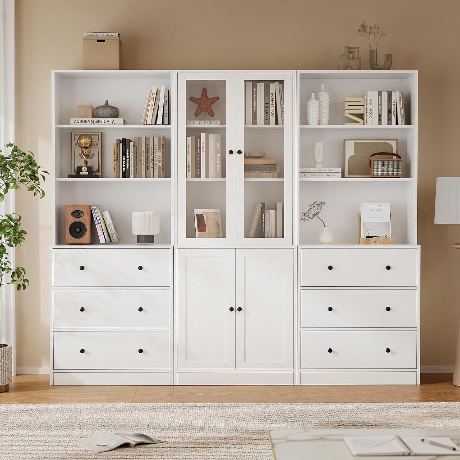 White Glass Bookcase with Storage Drawers