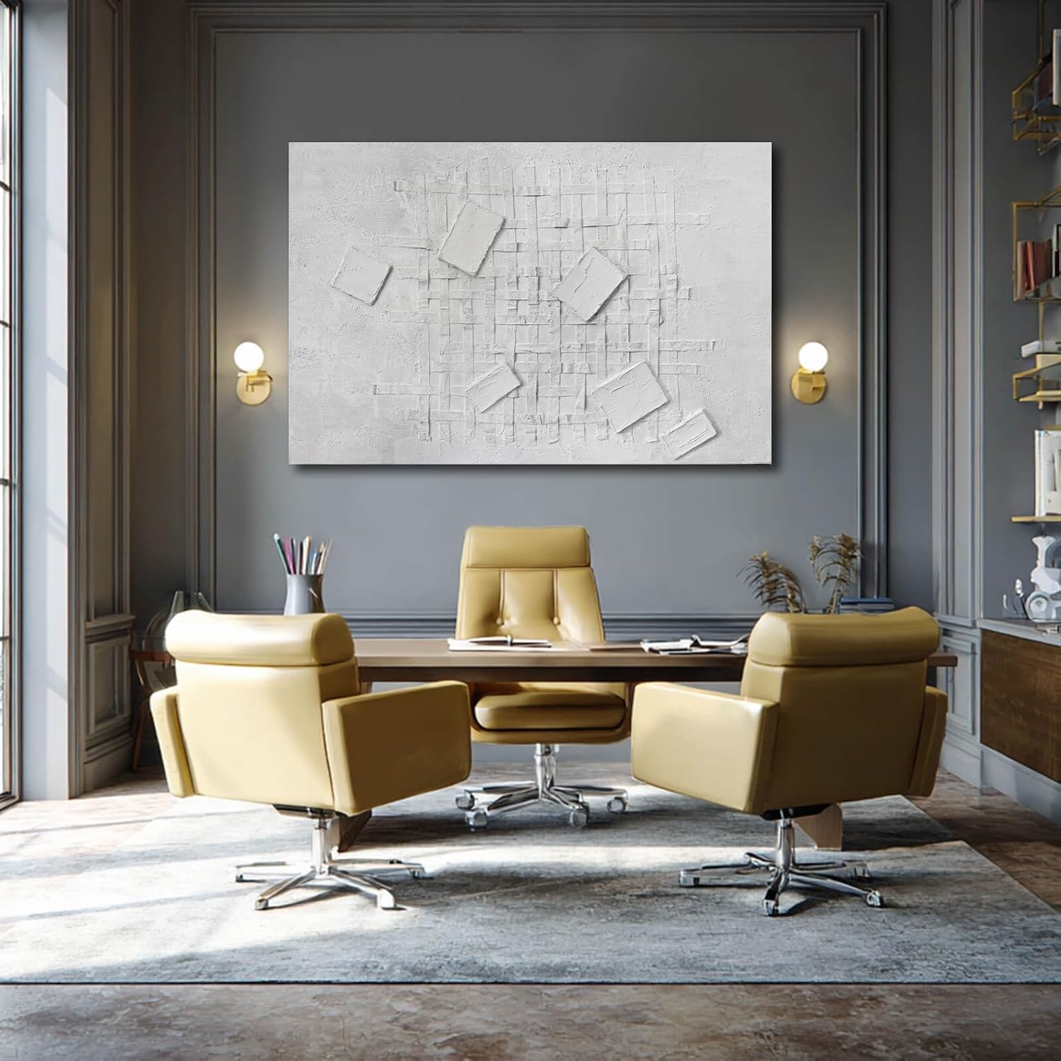 Large Neutral White Framed Abstract Wall Art 32x48 Inch