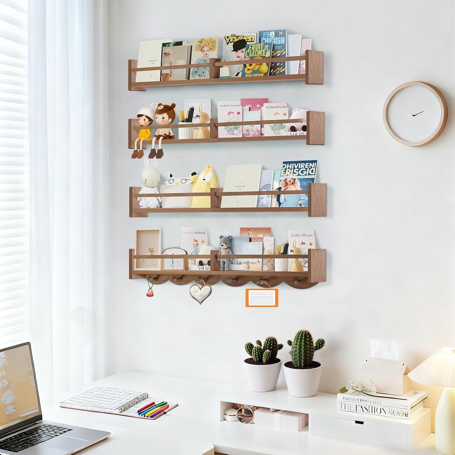 34" Light Brown Kids Wall Book Shelf Hooks