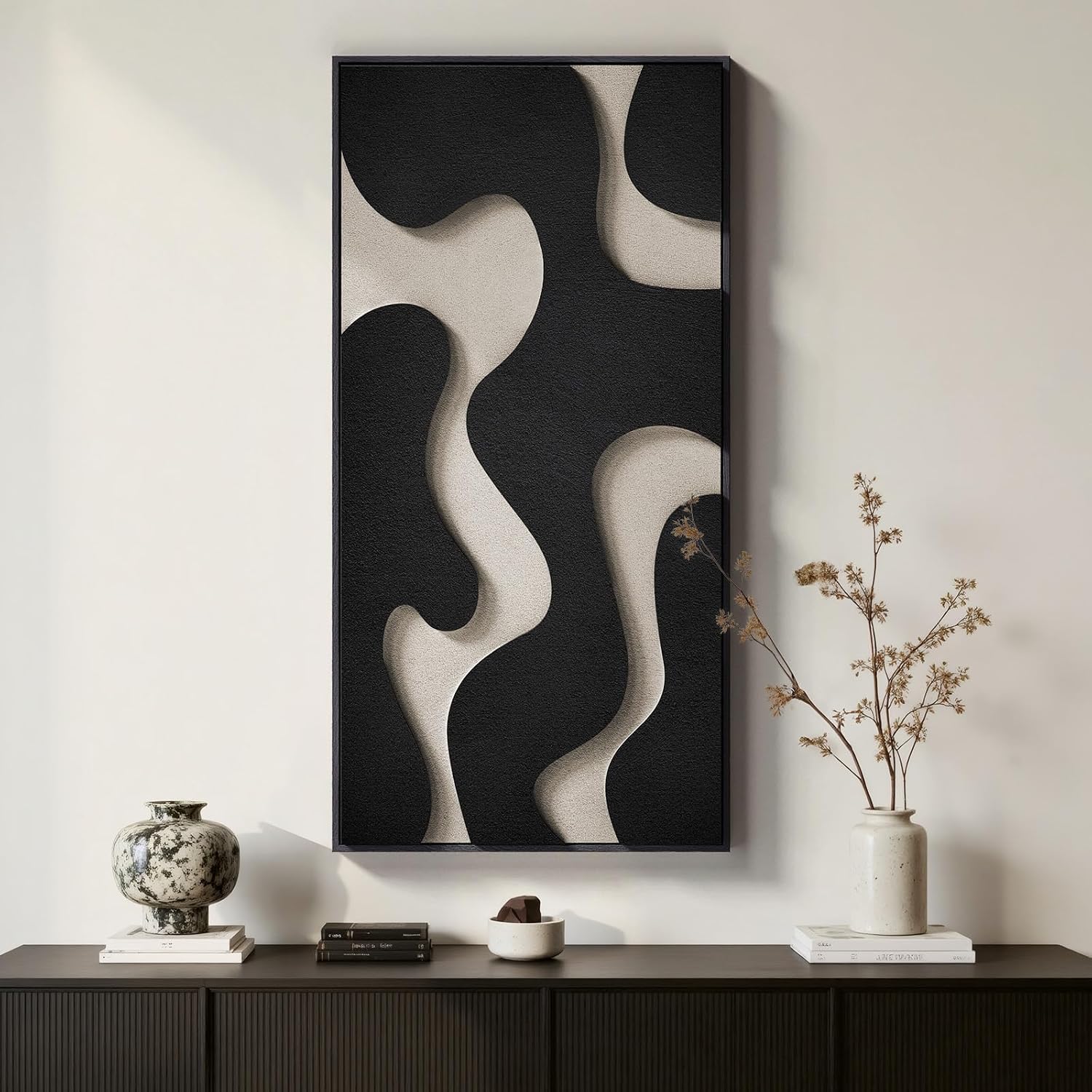 3D Textured Black Beige Vertical Framed Wall Art 20x40 In