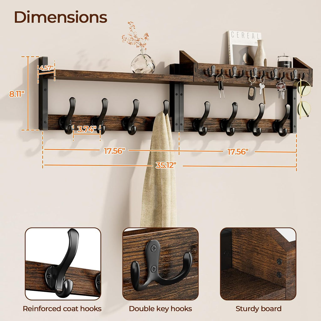 35" Rustic Brown Wall Coat Rack Shelf