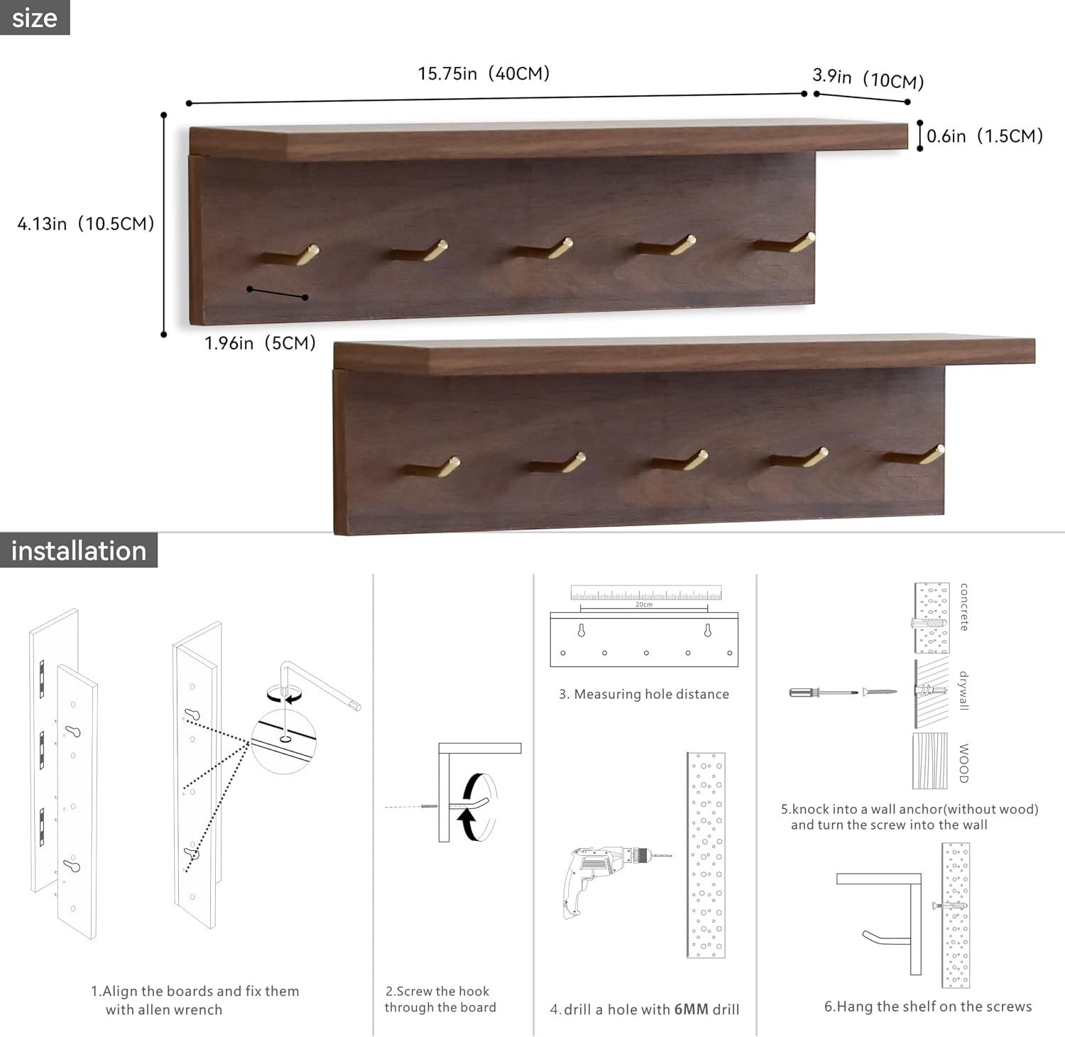Walnut Wall Coat Rack with Hooks