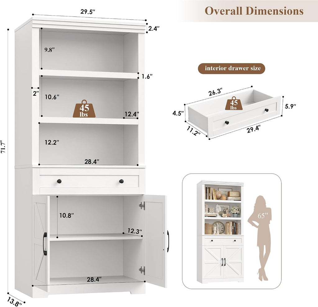 White Farmhouse Bookcase Drawer & Doors