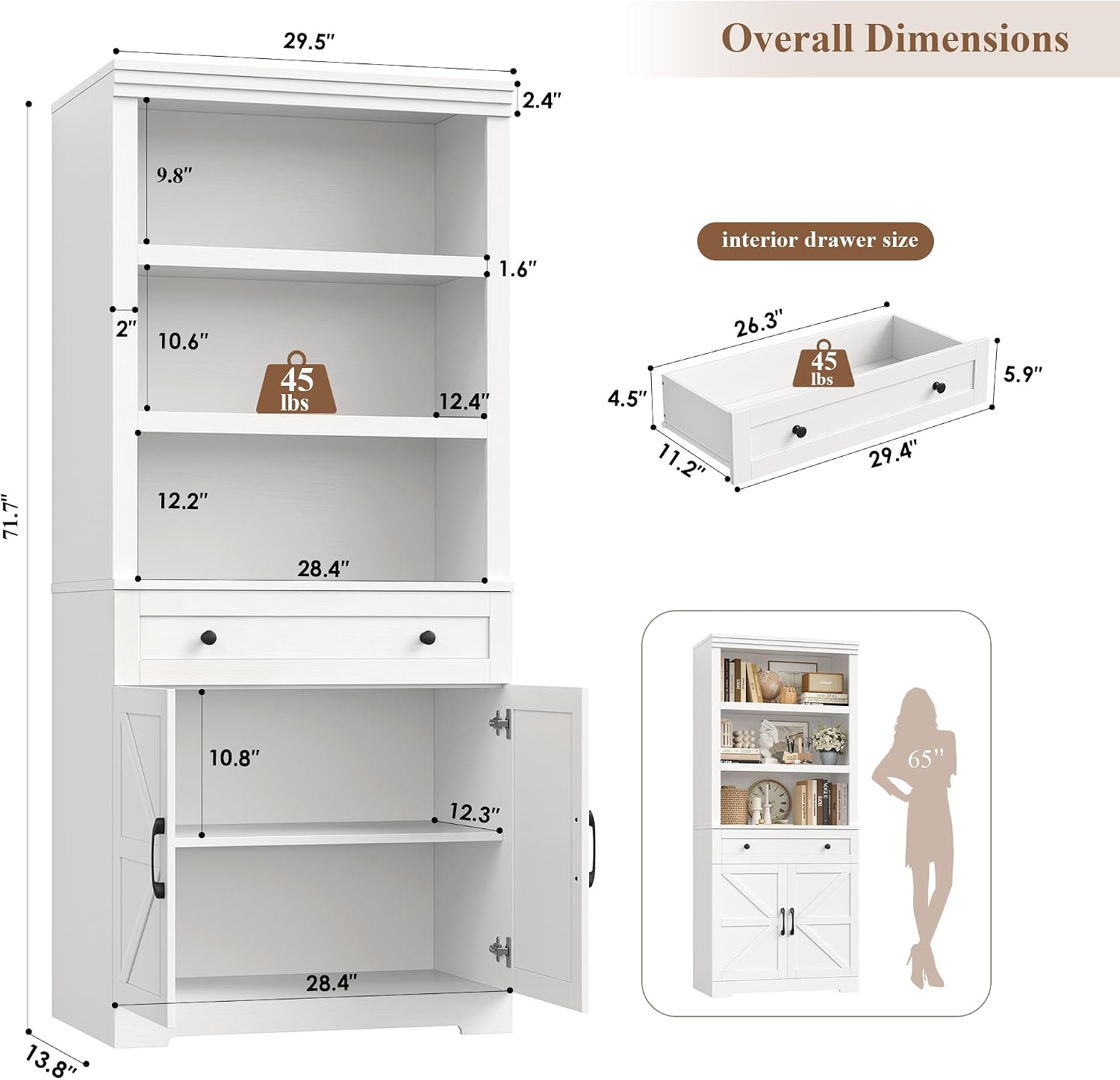 White Farmhouse Bookcase Drawer & Doors