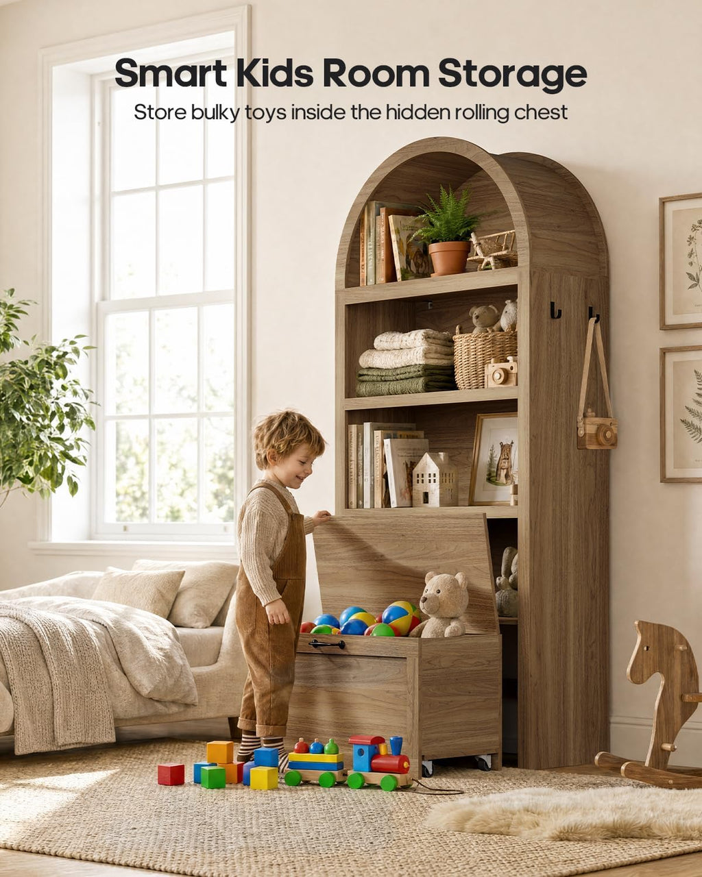 Oak Arched Bookcase with Storage Bench