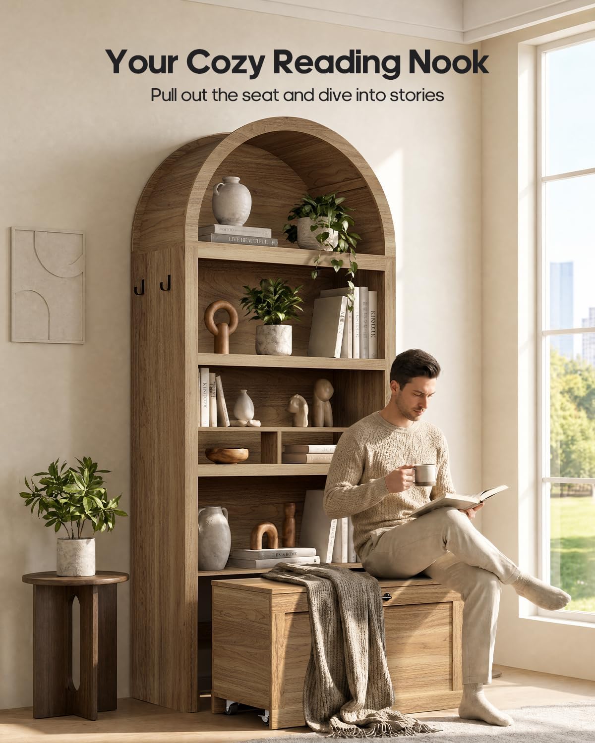 Oak Arched Bookcase with Storage Bench