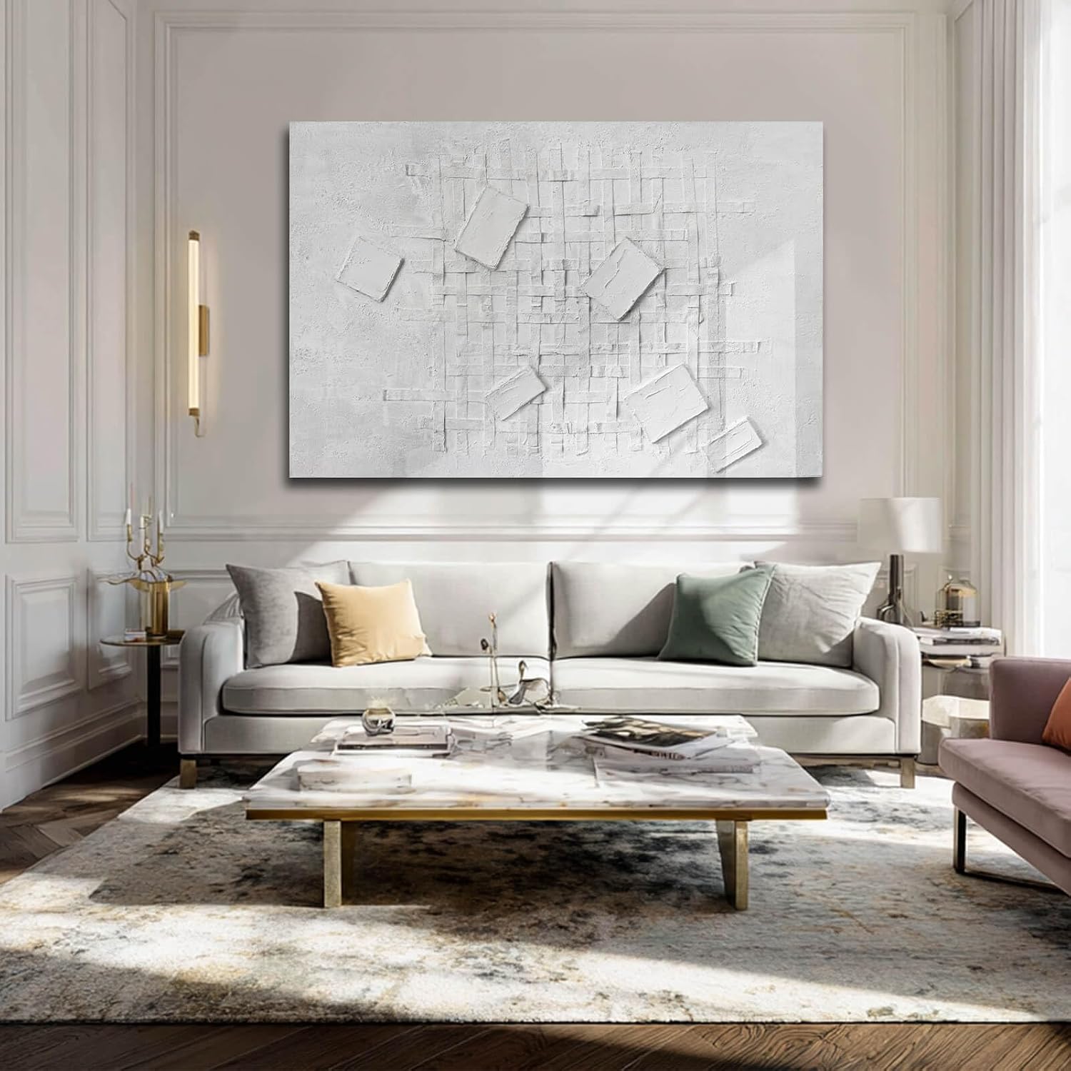 Large Neutral White Framed Abstract Wall Art 32x48 Inch