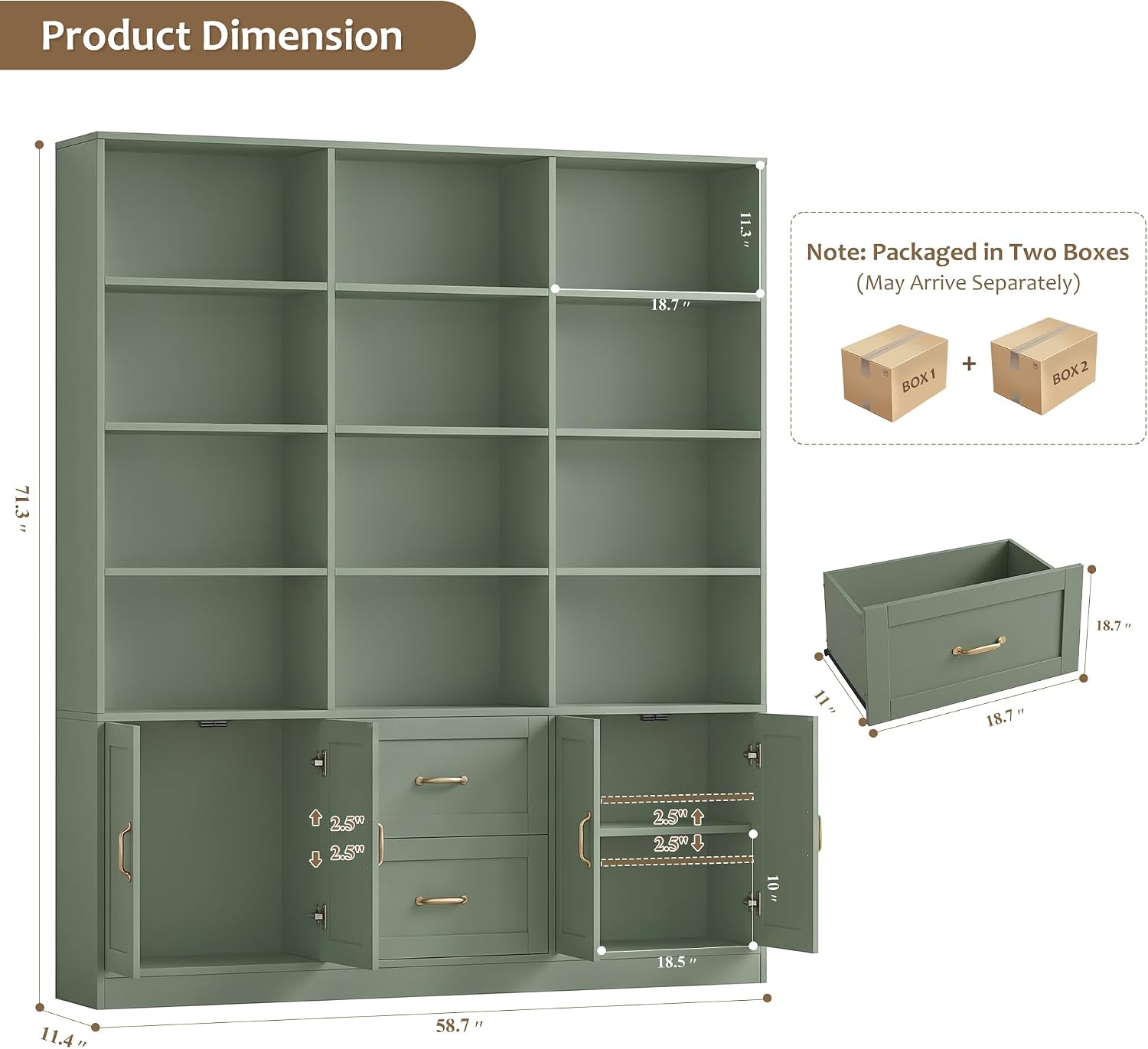 Green Triple Wide Bookcase with Drawers & Doors