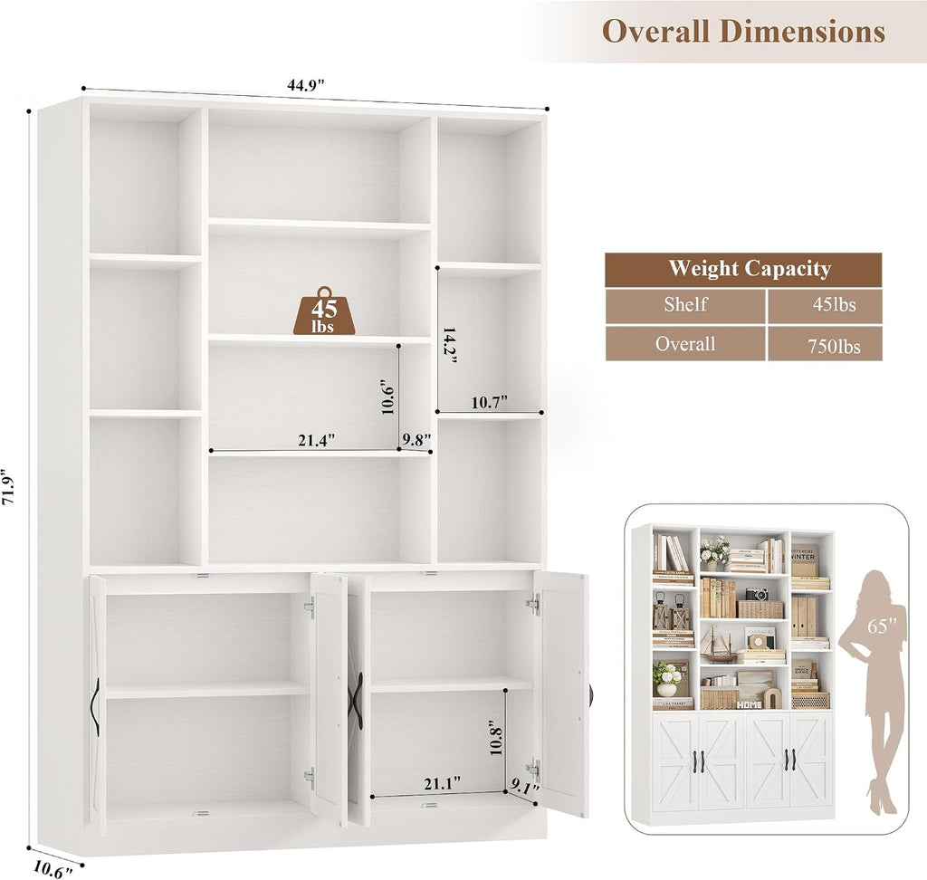 White Wide Farmhouse Bookcase with Doors